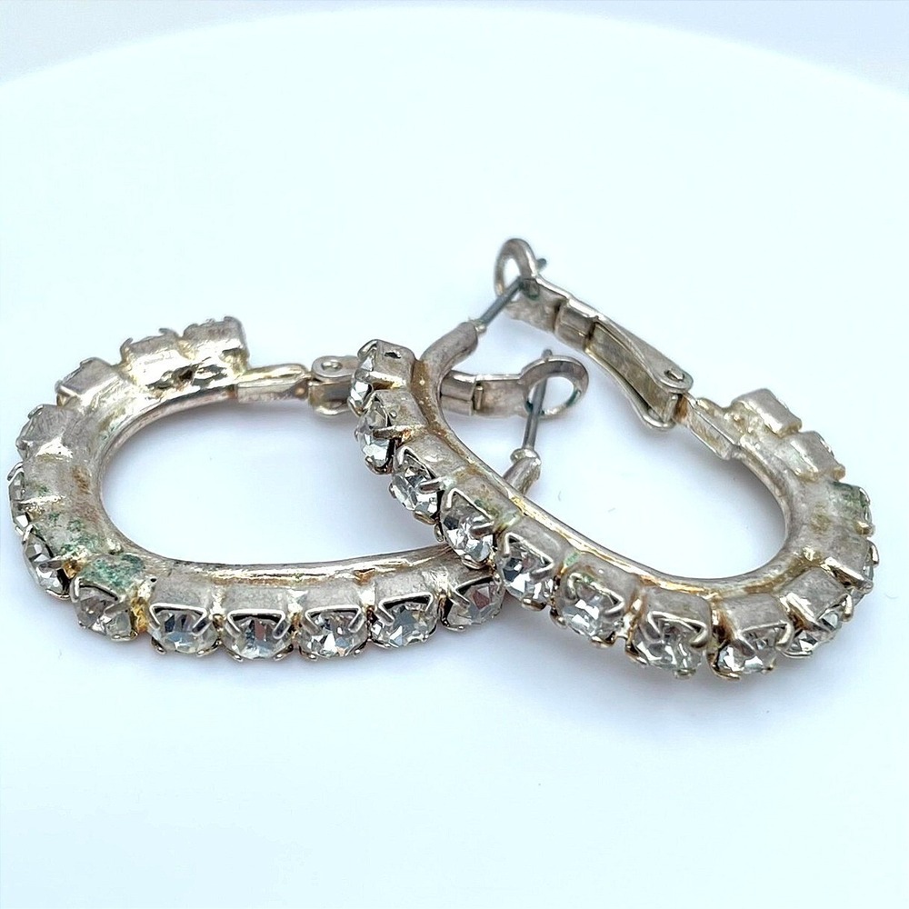 Classic Silver-Tone Fashion Prong Faceted Rhinestone Hoop Hinged Clasp Earrings